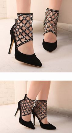 womenshoesdaily:Black Cut Out Rhinestone Design High Heel Shoes