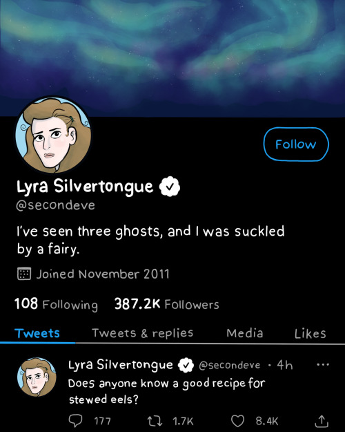 Lyra’s Twitter profile. Spoilers for His Dark Materials and The Book of Dust.“‘What’s the secret com