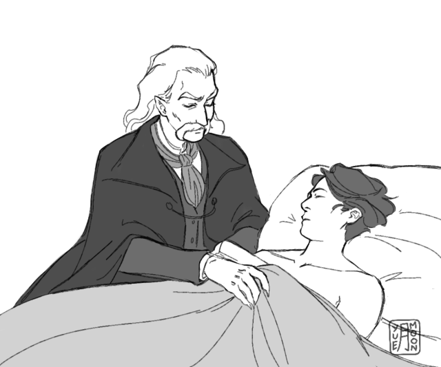 Dracula tucks Jonathan Harker into bed, smiling down at him as he draws the blanket over his nude body.