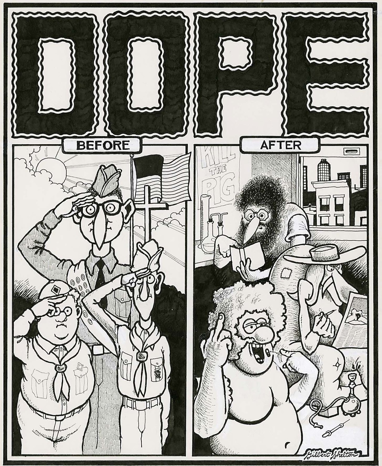 Original art by Gilbert Shelton from the back cover to underground classic, The Fabulous Furry Freak Brothers #1, published by Rip Off Press, February 1971.