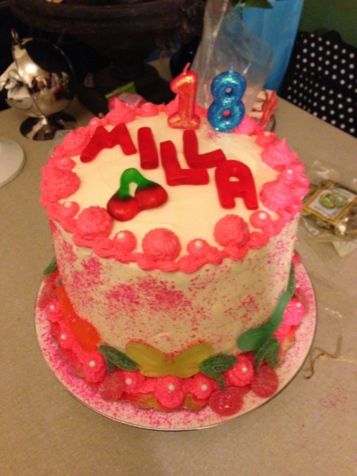 Better photo of my bday cake! 4 layer homemade funfetti cake with cream cheese frosting! :3