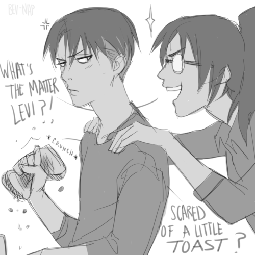 bev-nap:Also an AU where Levi’s roommate Hanji tries to scare him at every opportunity possible
