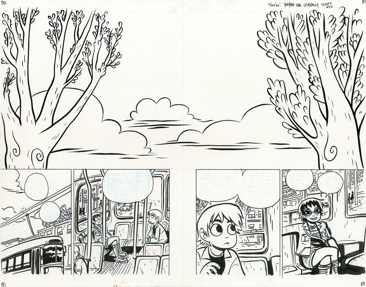 thebristolboard:  Original double-page spread by Bryan Lee O’Malley from Scott