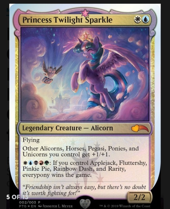 commandertheory:MLP crossover cards are being released, with the proceeds going to charity!Given that Applejack, Fluttershy, etc don’t have cards in this release, I’m hoping that Un Rules Manager @markrosewater will allow Twilight Sparkle’s ability