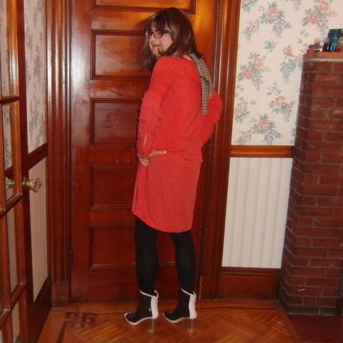 Rear view of me, standing, wearing my new purple cat-eye glasses, coral shirt dress, and transparent