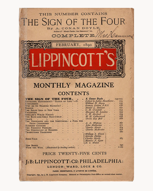 granada-brett-crumbs:The Sign of Four, covers of the early editions, 1890-1906.