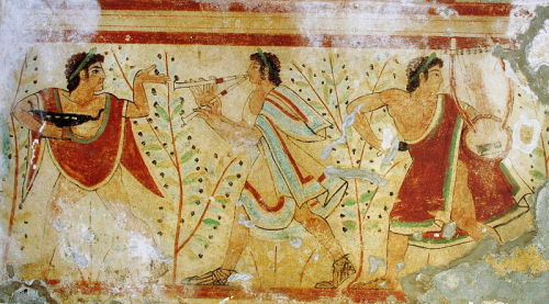 tintinnabulums: Wall-painting: musicians. From the Tomb of the Leopards, Tarquinia; c. 520 BCE; fres