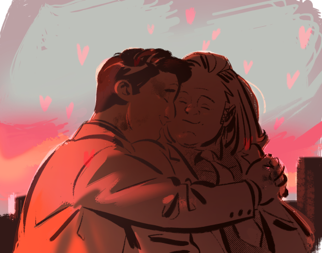 A digital drawing of Neftlix Matt and Foggy hugging, Matt is embracing Foggy from behind, faces squished a little, they are both smiling they are wearing suits. Colors are warm, sunset like atmosphere, pink hearts around them.