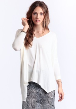 White Long Sleeve Asymmetric Hem Loose T-shirt sheinside.com