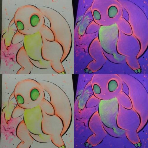 Oh shit It’s lit!! *fire emojis* Charmander 11x15 UV kryolan and ink painting for @kreezymcgee