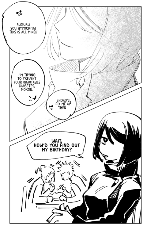 halveablock:  sashisu week on twitter day 1 - shoko’s birthdayjapanese school year begins in april, and i assume jujutsu tech follows the same timeline. shoko’s birthday would come first out of the three so it would be the first birthday sashisu would