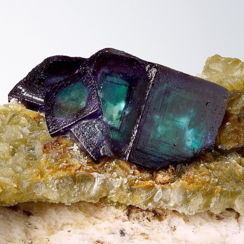 hematitehearts:  Fluorite (Purple & Green) on Mica & OrthoclaseLocality: Erongo Mountains, Erongo Region, Namibia  Size: 2.8 × 4.8 × 2.3 cm  