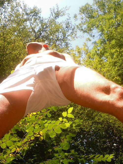 thevulnerableboy:commando in white shorts outdoors and boned. great combo
