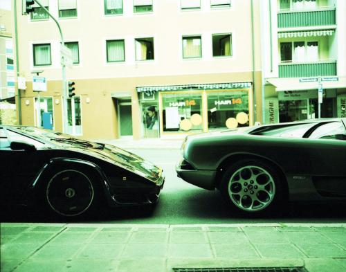 Lamborghini Countach &amp; Diablo parking, Nuremberg, Mamiya 7 II, expired Kodak E100SW, xpro