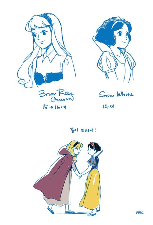 confexionery: Artist: Jaroo (@Jarujaroo) Artist caption: “This is a little out of the blue but I thought of this during work…Aurora and Snow White meeting in the forest (super retcon!) They were drawn to each other by their singing One of them’s