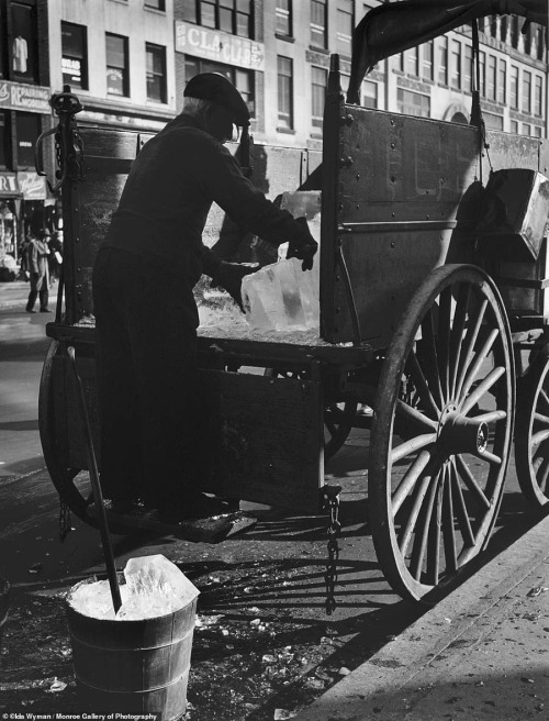 newyorkthegoldenage:  Icemen were still making the rounds in horse-drawn carts in 1947.Photo: Ida Wyman via the Daily Mail