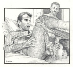 gayartplus: In my first art series we explore the very homoerotic world of Roger Payne  In the fantastic worlds created by Roger, no matter his social standing, uniform that his job requires him to wear, wealth or age, men are internally heart-throbbing,