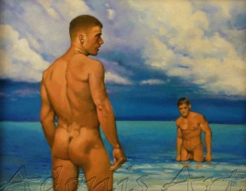 gay-erotic-art:  men-in-art:  Turquoise SeasAndrew Potter  Autumn has arrived and we say goodbye to summer and all that comes with it. Many gay artists, photographers and painters, use the beach as their setting to great effect. For the next few days