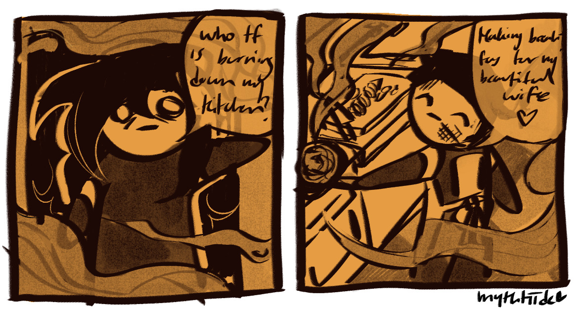 a doodled comic, in the first panel falke comes into a kitchen filled with smoke. she says: who tf is burning down my kitchen. In the second panel is adler with a apron on with burnt marks on his face, he looks back up at her and says: making breakfast for my beautiful wife