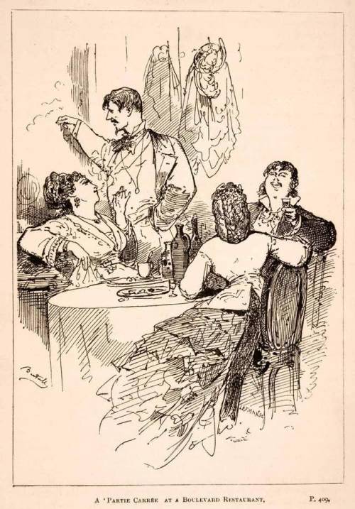 1882 Wood Engraving Party Paris Restaurant Dining 19th Century Costume 