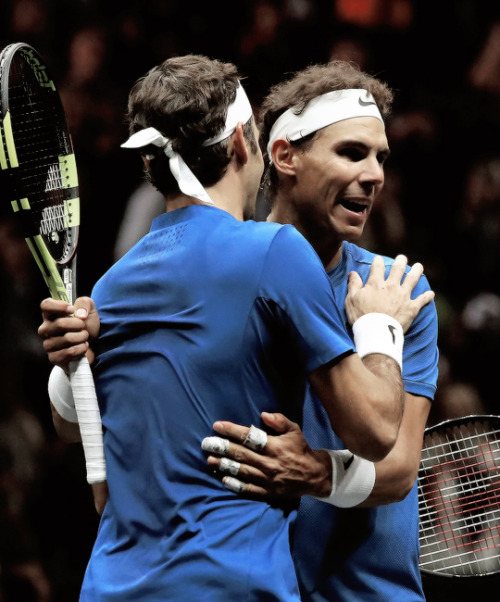 oliviergiroudd:Roger Federer and Rafael Nadal of Team Europe celebrate winning match point during th