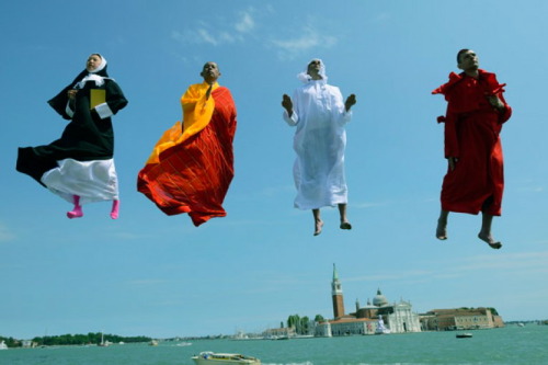fohk:  Li Wei (born in 1970, Hubei, China) is a contemporary artist from Beijing, China. His work often depicts him in apparently gravity-defying situations. Wei started off his performance series, Mirroring, and later on took off attention with his Falls