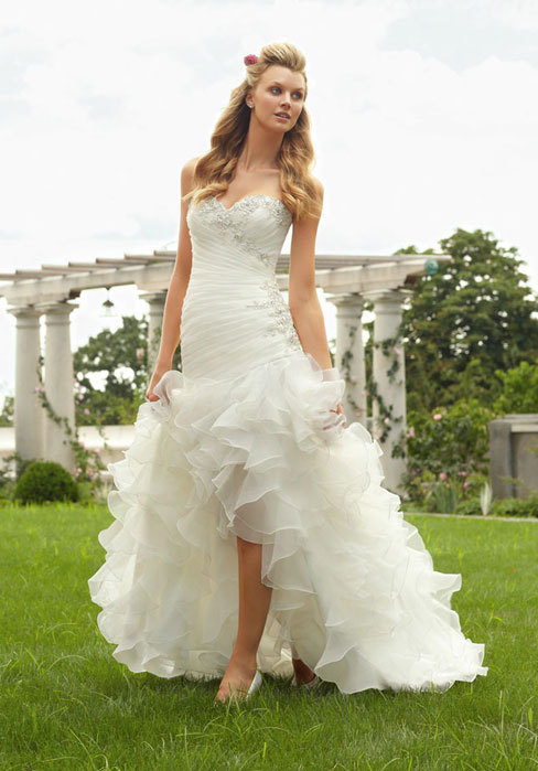 Natural Waist Organza Lace-up Sheath High Low Wedding Dress