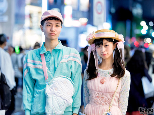 Japanese designers Sumomo and Rumy on the street in Harajuku wearing pastel looks including items fr