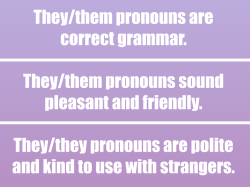 onyxgolden:  trans-positive-vibes:   They/them pronouns are correct grammar. They/them pronouns sound pleasant and friendly. They/them pronouns are polite and kind to use with strangers.   @ghostlypinklegs 🌸 