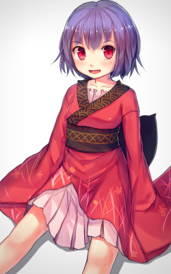 akira-europe:  obi open mouth purple hair red dress ribbon sash shone short hair sitting smile