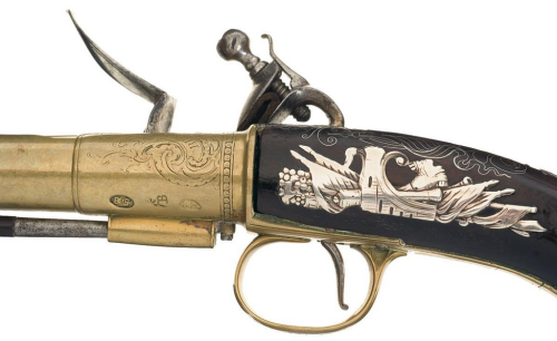 Silver mounted pair of brass barreled flintlock pistols crafted by William Brander of London, circa 