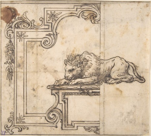 met-drawings-prints: Design for a Frame with Two Compartments and a Crowned Lion by Anonymous, Itali