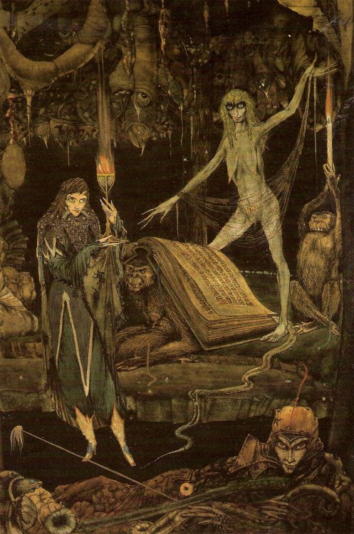 Creatures reading. Illustration by Harry Clarke. From Faust by Johann Wolfgang von Goethe. New York: