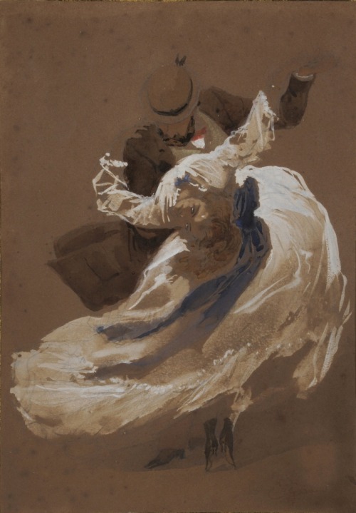 Couple de danseurs.c.1850. Crayon, aquarelle et rehauts de gouache sur papier. Signé en bas &