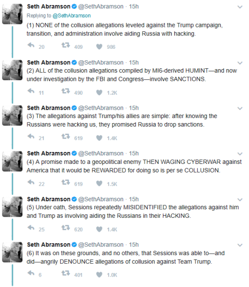 Sessions Testimony Twitter-thread from Seth Abramson, former prosecutor and professor of Journalism,