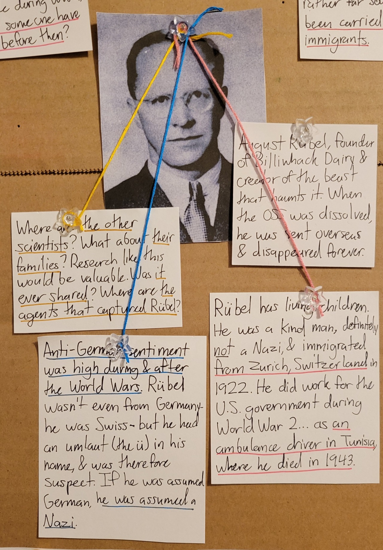 A black and white photo of August Rubel, connected by colored string to text debunking rumors that he was a Nazi scientist.