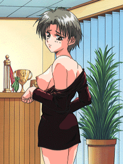 Short haired girl talking in to pulling down her top with an unsure expression on