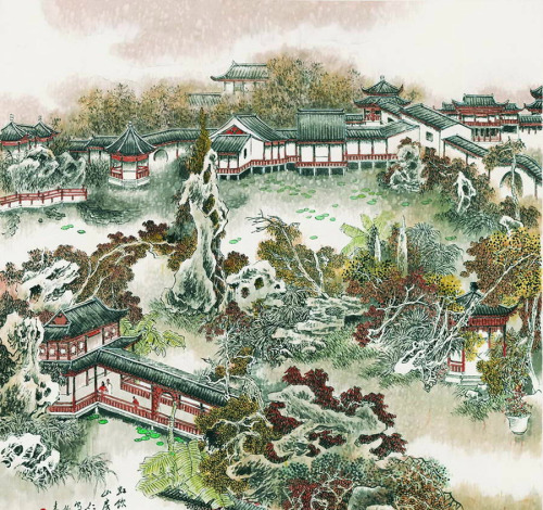 Traditional Chinese painting, Suzhou gardens by 曹仁容Cao Renrong.