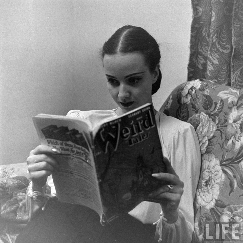 damsellover:
“ Life Magazine photo of a woman reading Weird Tales…magazine is from 1935, and the photo is of a showgirl from 1947 and is part of a larger set from the Life archives.
”