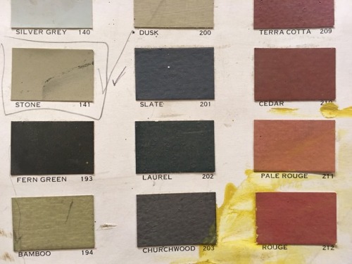 charlotte-bird:There’s this ancient scenic paint colour chart up on a door at one of the theatres I 