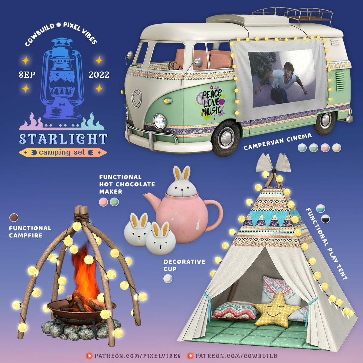 You can find all my items by searching “ PV ” in game
Enjoy ☺
PATREON
This set is a collaboration with an amazing creator Cowbuild❤️ Your sims can enjoy fun camping time in their backyard or anywhere. Have fun!
- Functional Campfire (Include BGC...