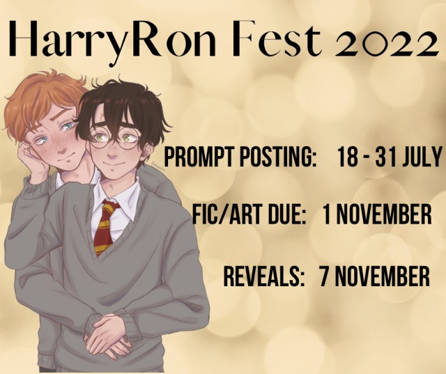 Banner with a soft yellow/gold background. The words HarryRon Fest 2022 are at the top of the banner in black letters. On thr left side is an artwork of Ron Weasley and Harry Potter. Ron has wrapped his arms around Harry's waist from behind and looks at him with a slight blush on his face. Harry 