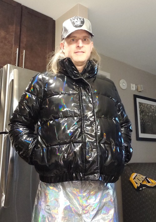 mackintoshlarry: hockeydogwoof: Holographic and silver PVC gear - Raiders patent leather hat, PVC pu