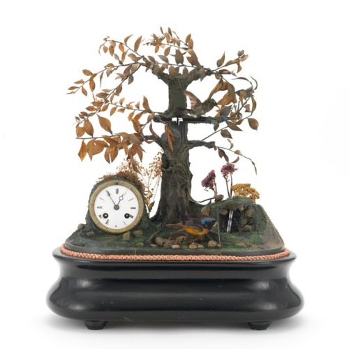 Tree & Two Birds Animated Clock c. 1890 Under a glass dome; two birds near a small waterfall. On