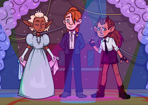 sunrise-designs:Okay listen, what if they got to dress up for prom?  [image description: a draw