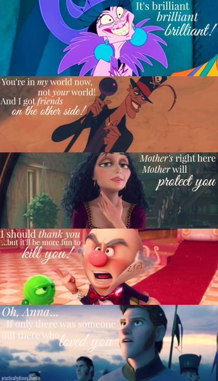 theultimatepigfartspupil:  howaboutdisney:  practicallydisney:  Disney villains   quotes  i LOVE LOVE LOVE how this is in order  Literally read every single one of those in their voices 