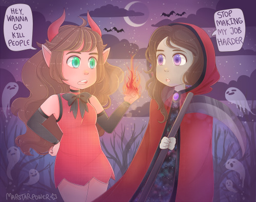 Years ago I drew my best friend @metaphoricallyignorant and I for Halloween and then did a redraw ev