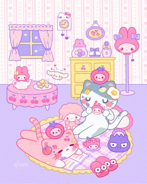 ajtuana: Cozy Sanrio Cafe + Room (redraws from official Sanrio magazine that I really enjoyed doin