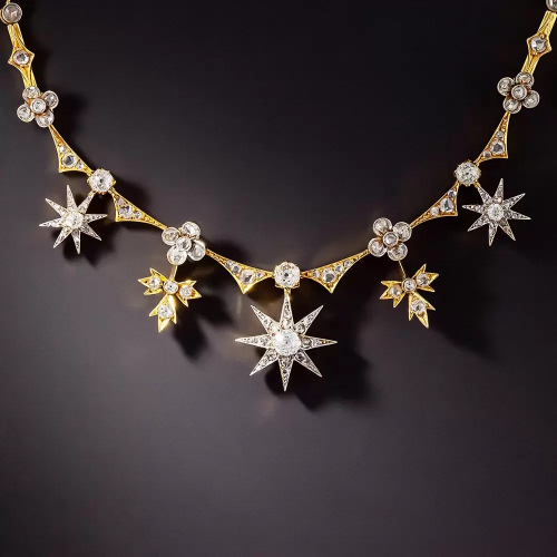 vysjewelry:Victorian diamond and gold star, leaf, and flower necklace, c. 1885 (at Lang Antiques)