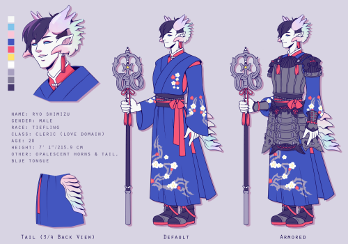 Character reference sheet of my neutral good tiefling cleric, Ryo!